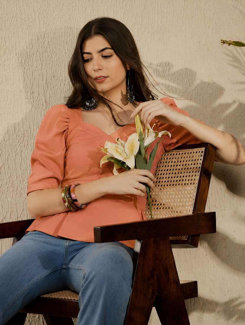 women solid puff sleeve peplum top - 22594237 -  Standard Image - 4