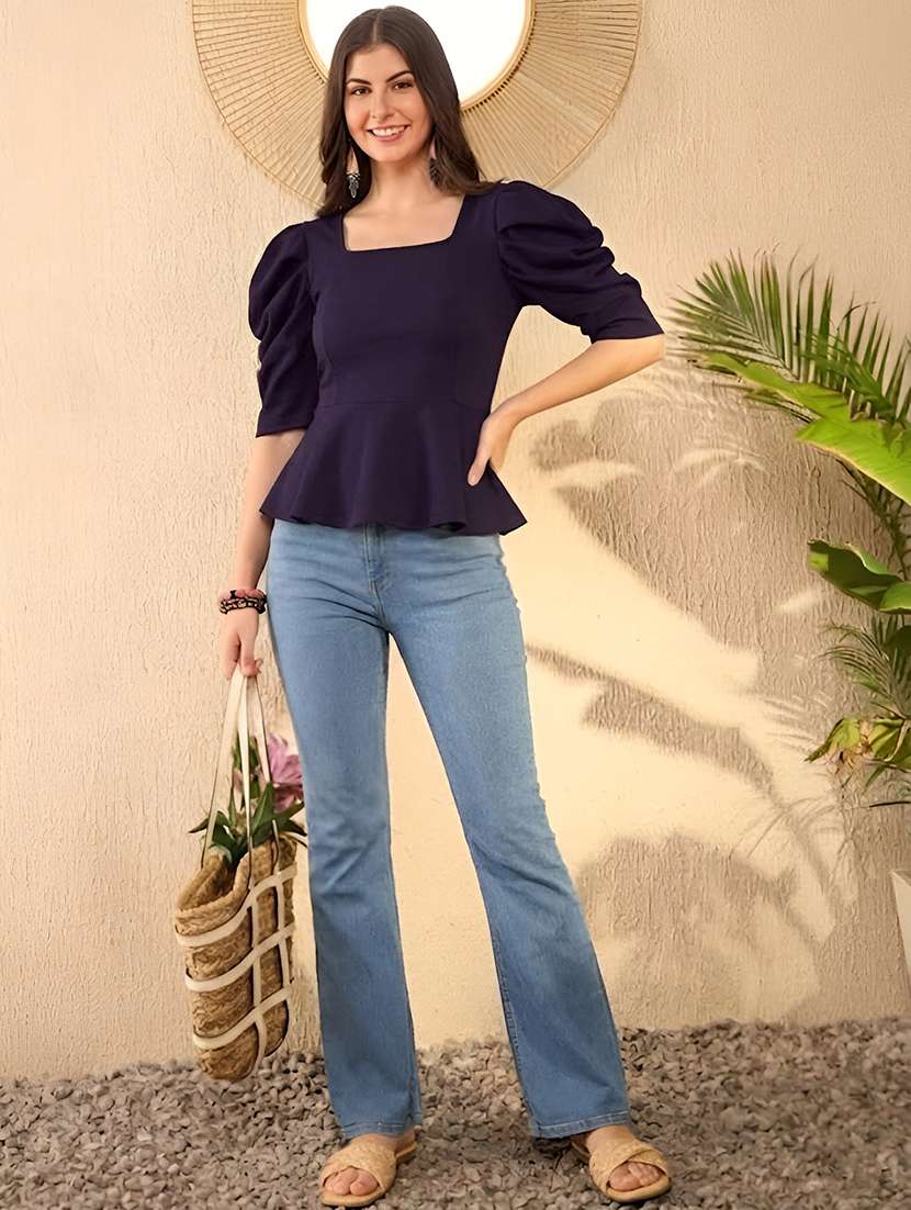 women solid puff sleeve peplum top - 22594242 -  Standard Image - 4
