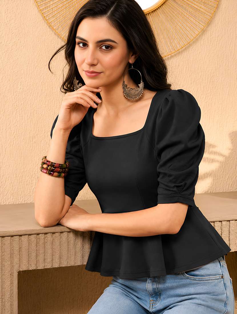 women solid puff sleeve peplum top