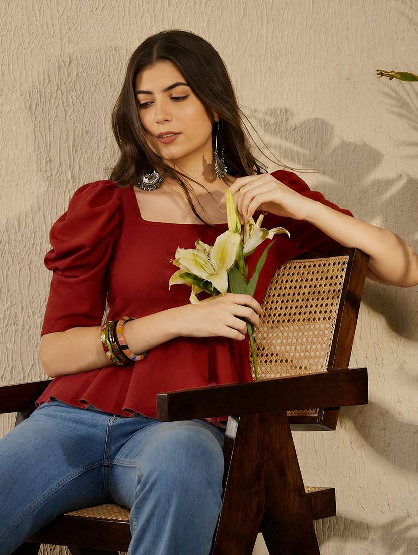 women solid puff sleeve peplum top - 22594246 -  Standard Image - 4