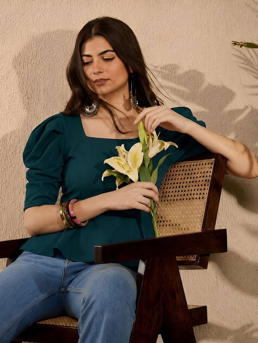women solid puff sleeve peplum top - 22594248 -  Standard Image - 4