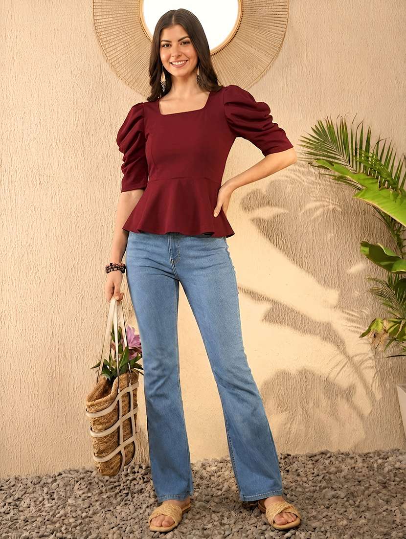 women solid puff sleeve peplum top - 22594249 -  Standard Image - 4