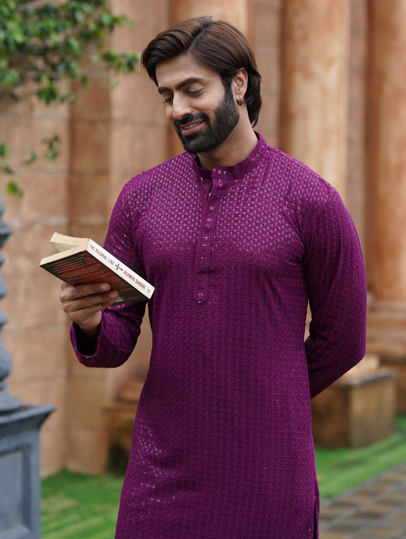 Men Solid With Work Mandarin Neck Kurta Pyjama Set - 22594333 -  Standard Image - 1