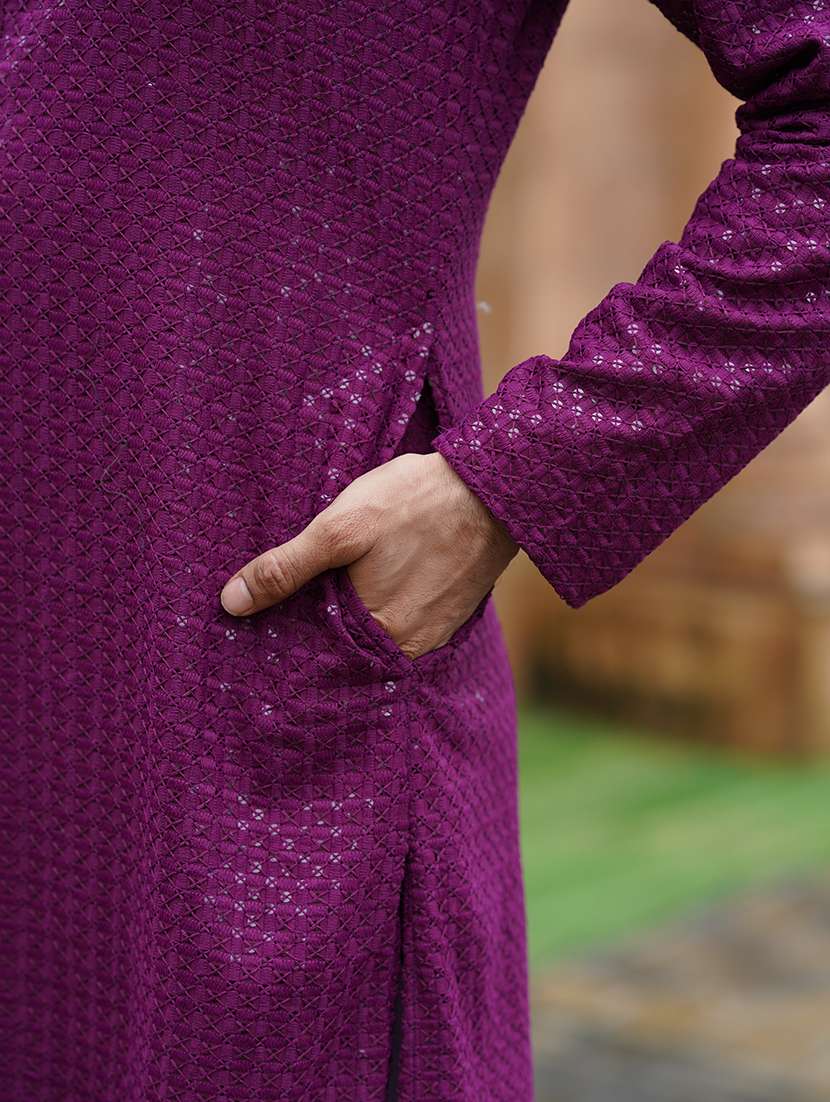 Men Solid With Work Mandarin Neck Kurta Pyjama Set - 22594333 -  Standard Image - 4