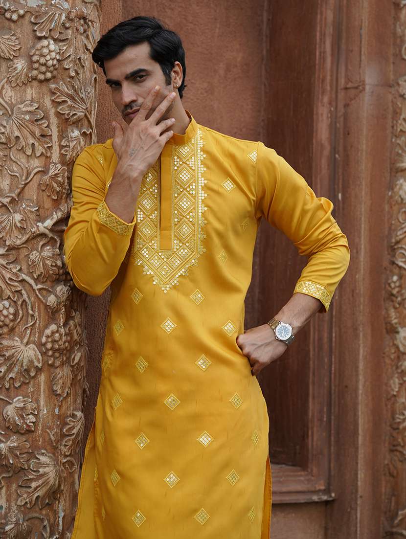 Men Solid With Work Mandarin Neck Kurta Pyjama Set - 22594343 -  Standard Image - 1