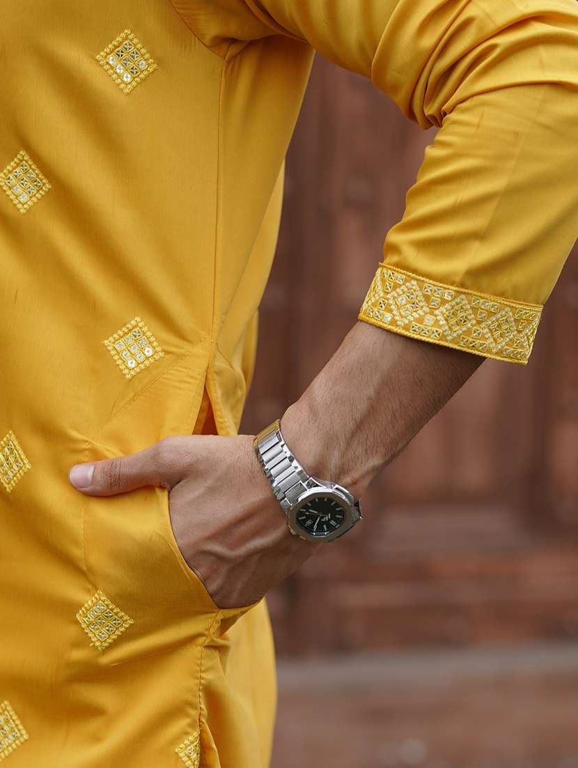 Men Solid With Work Mandarin Neck Kurta Pyjama Set - 22594343 -  Standard Image - 4