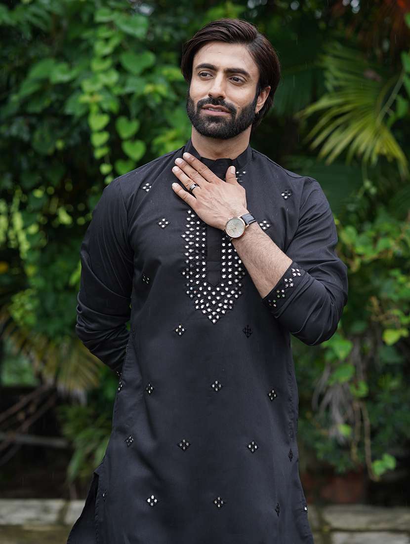 Men Solid With Work Mandarin Neck Kurta Pyjama Set - 22594347 -  Standard Image - 4