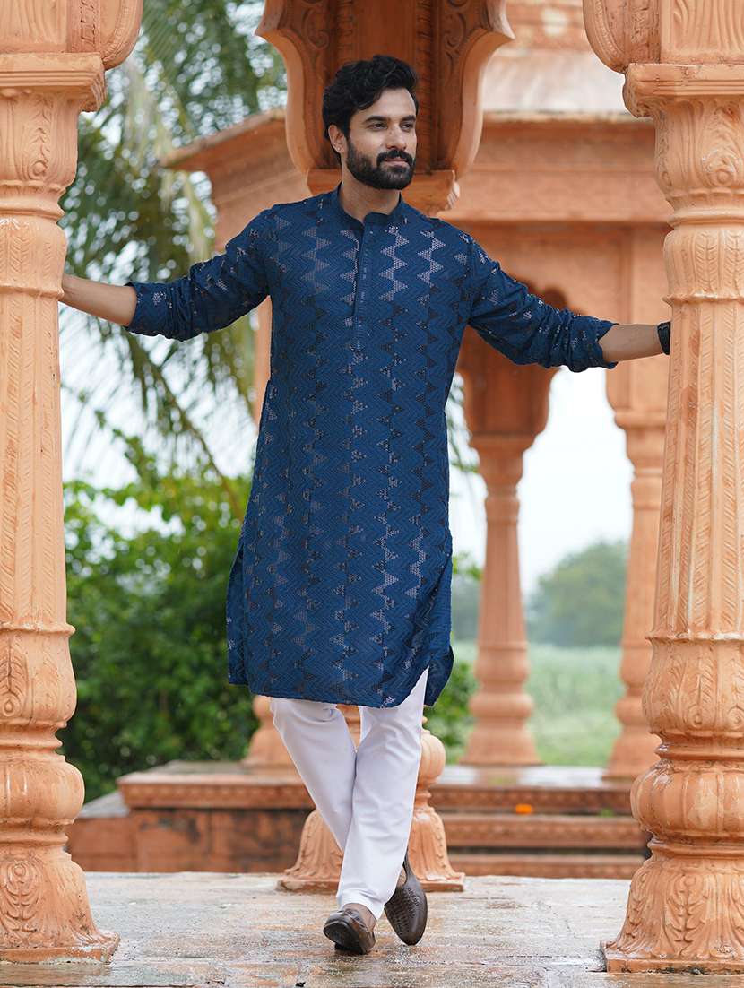 men solid with work mandarin neck kurta pyjama set