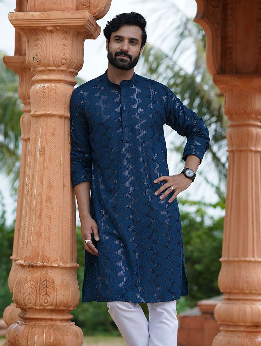 Men Solid With Work Mandarin Neck Kurta Pyjama Set - 22594359 -  Standard Image - 1