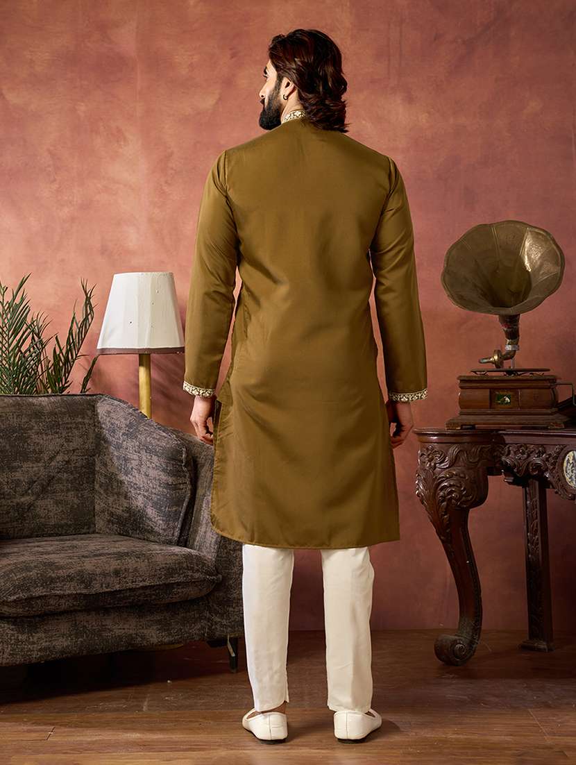 men solid with work mandarin neck kurta pyjama set - 22594390 -  Standard Image - 4