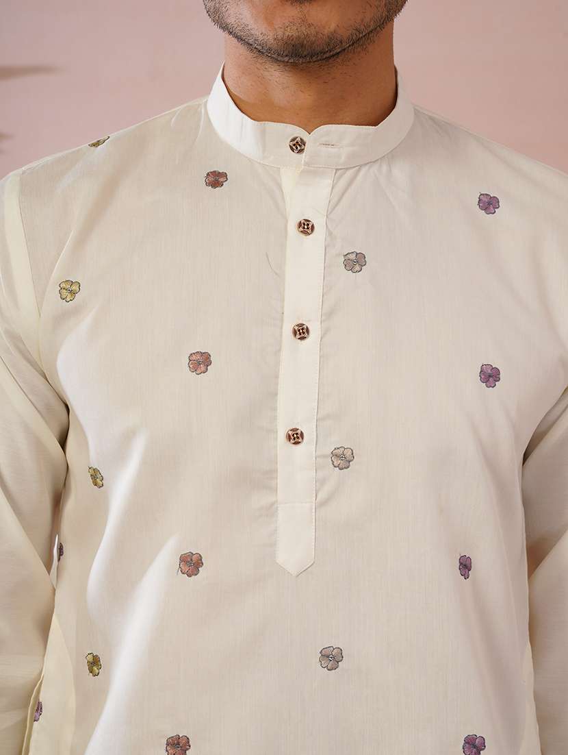 Men Solid With Work Mandarin Neck Kurta Pyjama Set - 22594402 -  Standard Image - 1