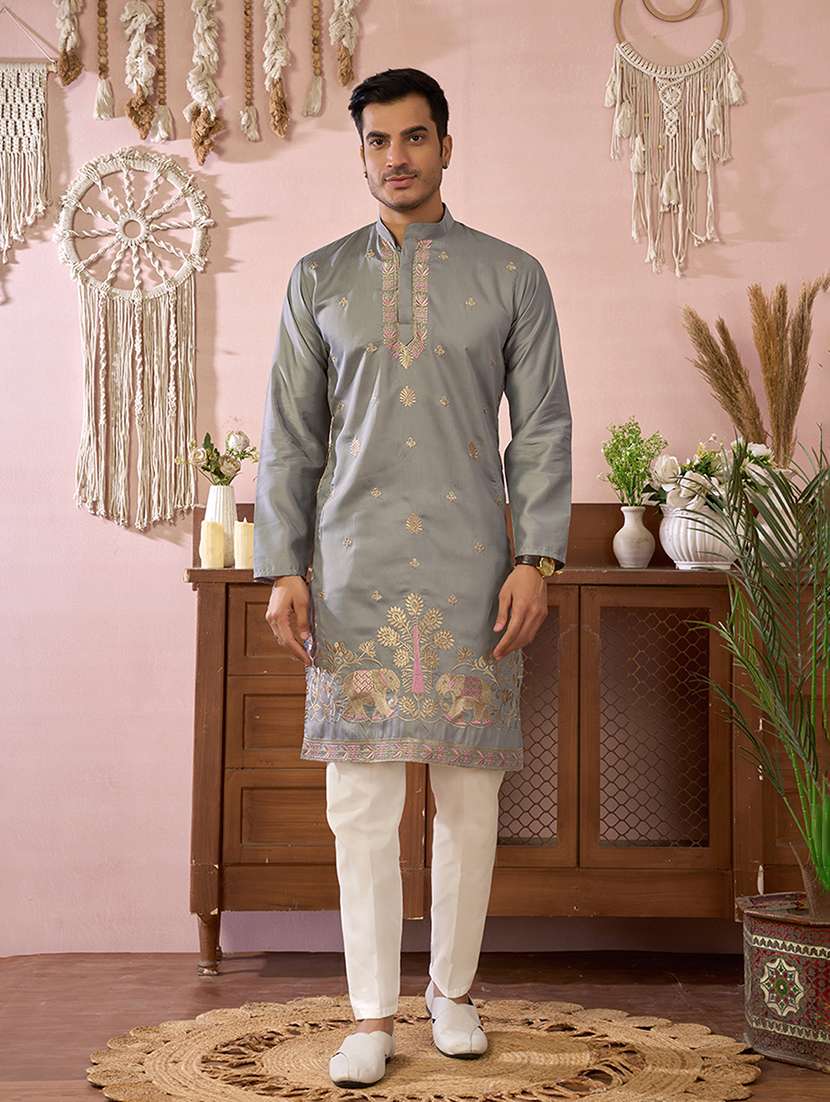 Men Solid With Work Mandarin Neck Kurta Pyjama Set - 22594408 -  Standard Image - 1