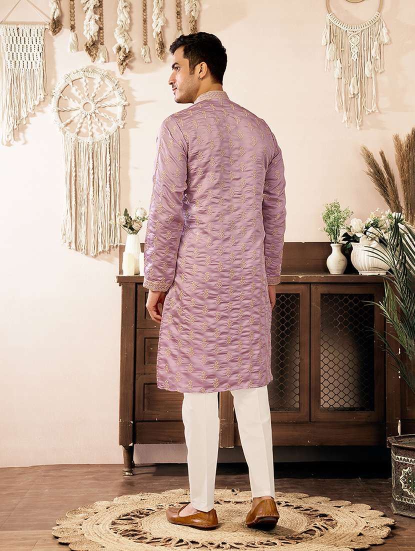 men solid with work mandarin neck kurta pyjama set - 22594412 -  Standard Image - 4