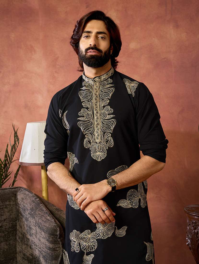 men solid with work mandarin neck kurta pyjama set - 22594415 -  Standard Image - 1