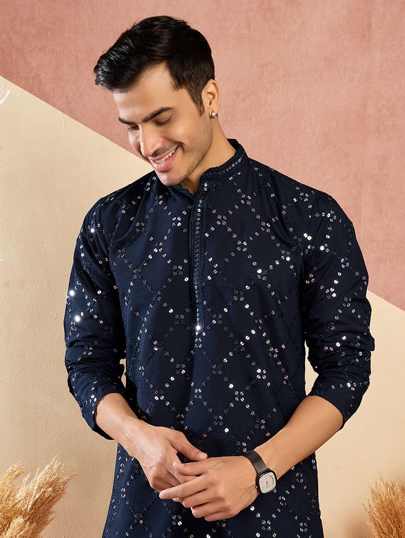 men solid with work mandarin neck kurta pyjama set - 22594416 -  Standard Image - 1