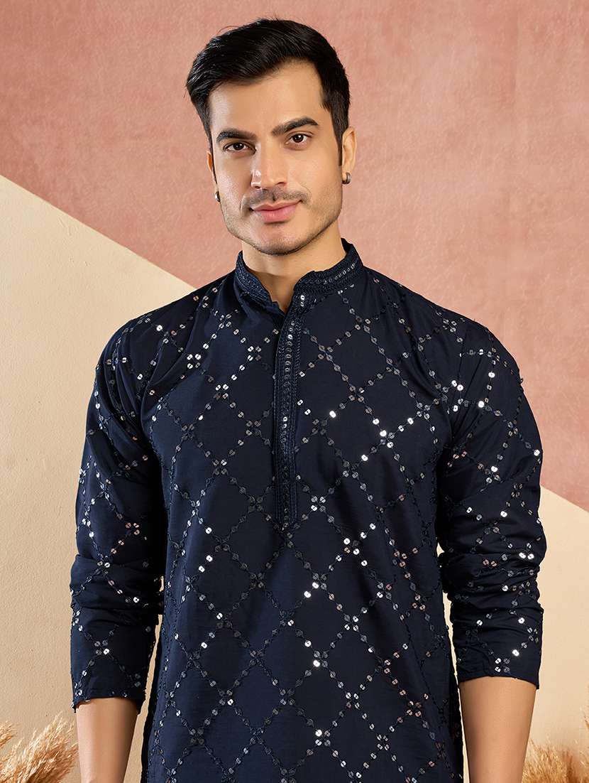 men solid with work mandarin neck kurta pyjama set - 22594416 -  Standard Image - 4
