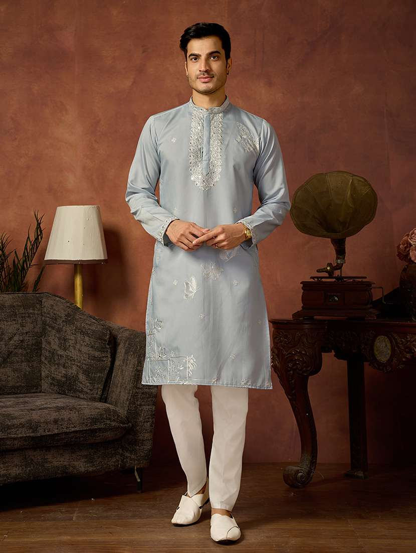 men solid with work mandarin neck kurta pyjama set