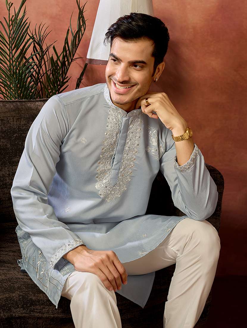 men solid with work mandarin neck kurta pyjama set - 22594420 -  Standard Image - 1