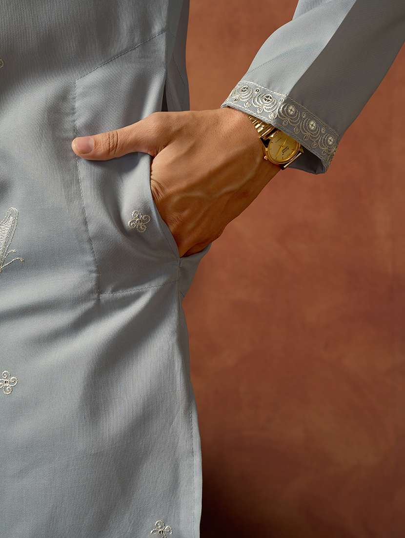 men solid with work mandarin neck kurta pyjama set - 22594420 -  Standard Image - 4