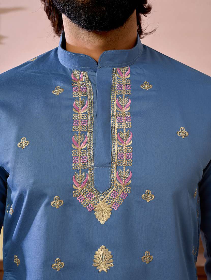 Men Solid With Work Mandarin Neck Kurta Pyjama Set - 22594423 -  Standard Image - 1