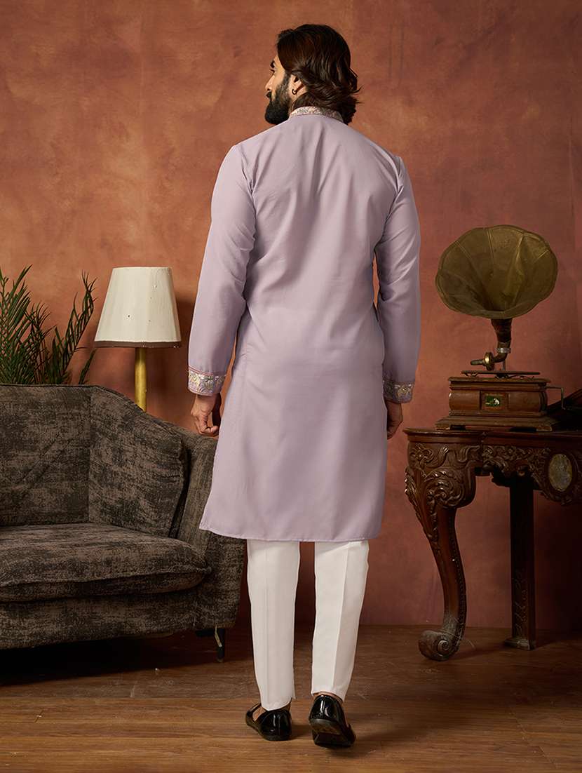 men solid with work mandarin neck kurta pyjama set - 22594424 -  Standard Image - 4