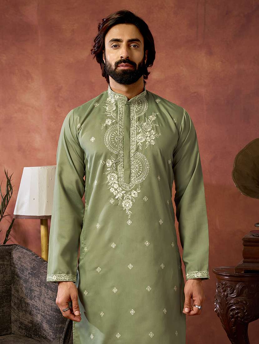 men solid with work mandarin neck kurta pyjama set - 22594427 -  Standard Image - 1
