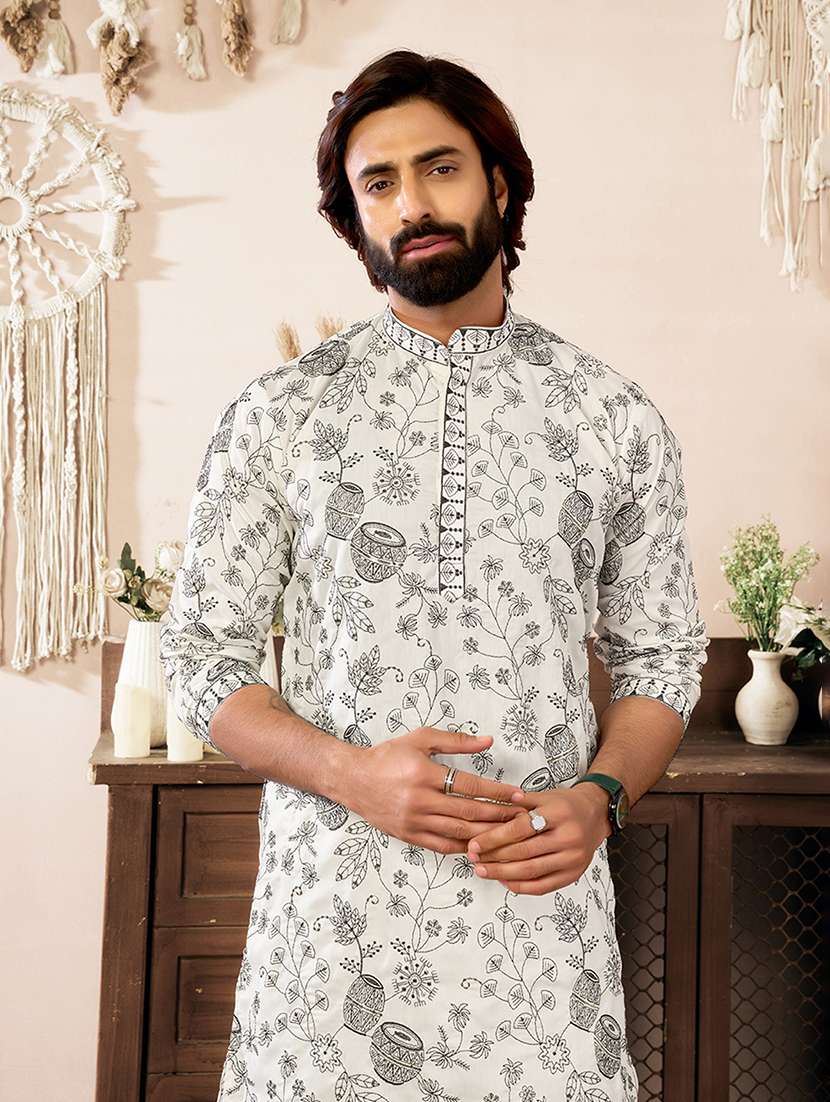 Men Solid With Work Mandarin Neck Kurta Pyjama Set - 22594441 -  Standard Image - 1