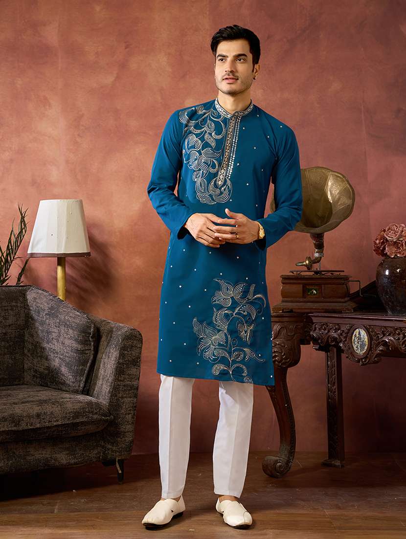 men solid with work mandarin neck kurta pyjama set