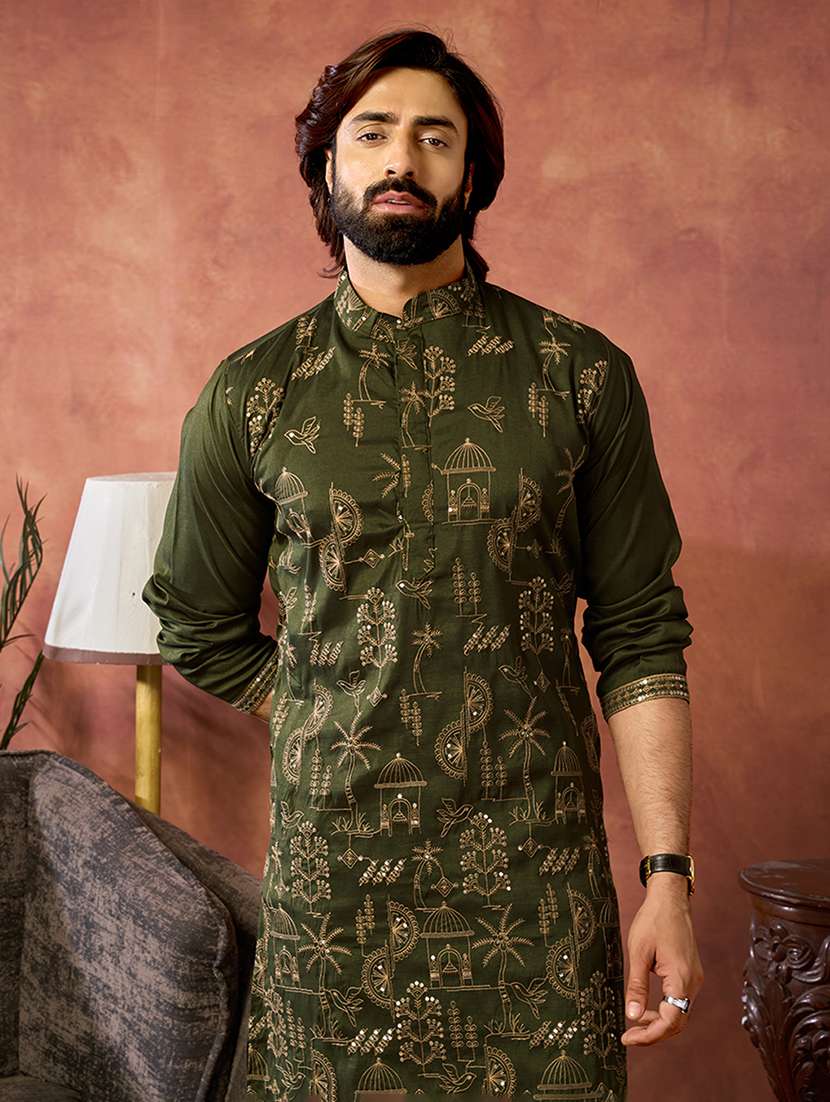 Men Solid With Work Mandarin Neck Kurta Pyjama Set - 22594444 -  Standard Image - 4