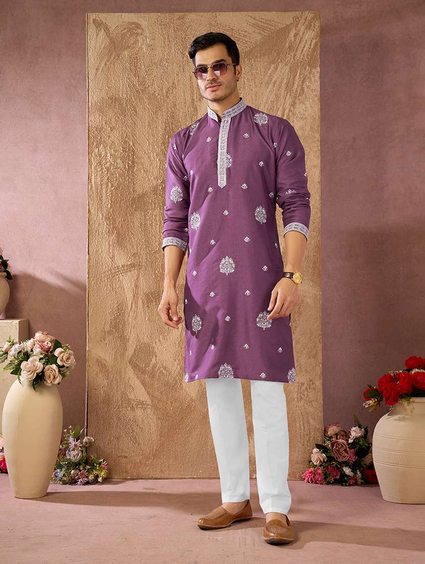 men solid with work mandarin neck kurta pyjama set