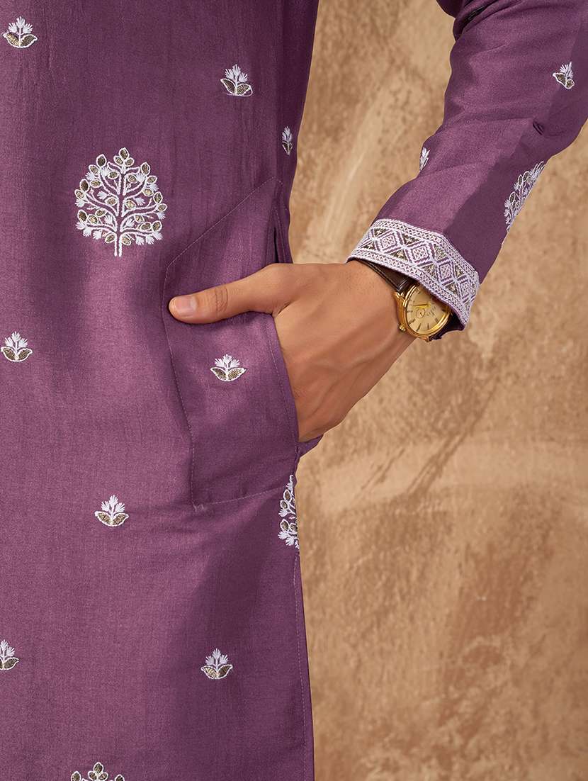 men solid with work mandarin neck kurta pyjama set - 22594448 -  Standard Image - 1