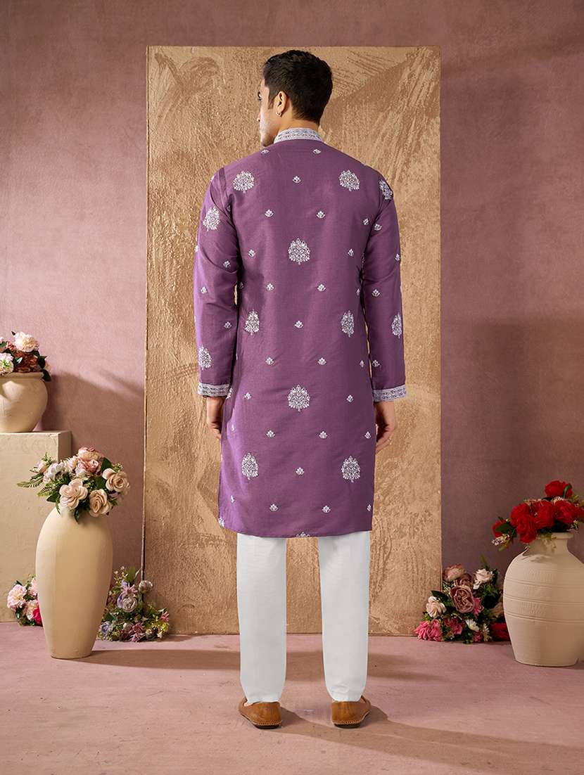men solid with work mandarin neck kurta pyjama set - 22594448 -  Standard Image - 4