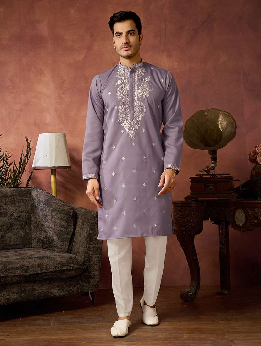 men solid with work mandarin neck kurta pyjama set