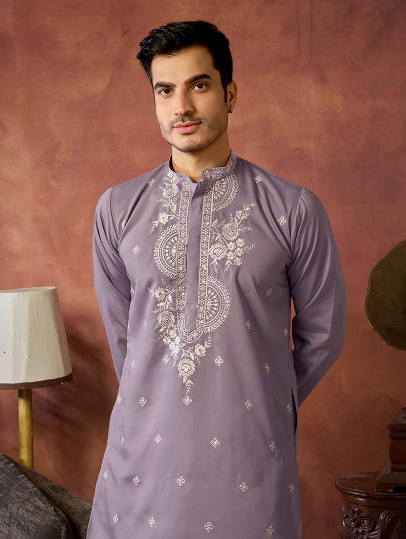 men solid with work mandarin neck kurta pyjama set - 22594457 -  Standard Image - 1