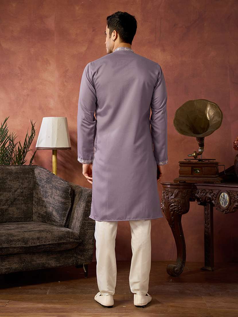 men solid with work mandarin neck kurta pyjama set - 22594457 -  Standard Image - 4