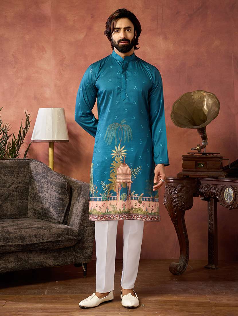 men printed mandarin neck kurta pyjama set