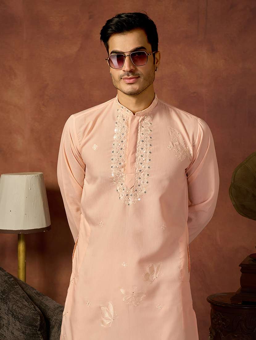 men solid with work mandarin neck kurta pyjama set - 22594473 -  Standard Image - 1