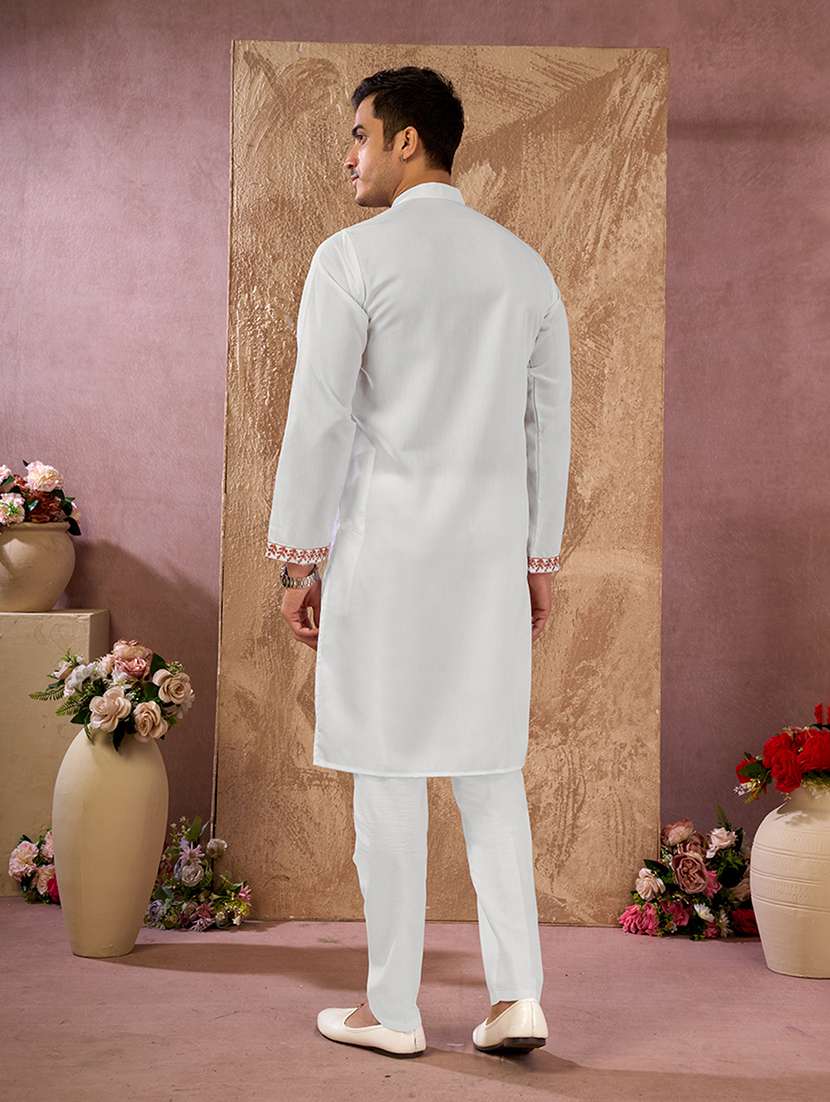 Men Solid With Work Mandarin Neck Kurta Pyjama Set - 22594479 -  Standard Image - 4