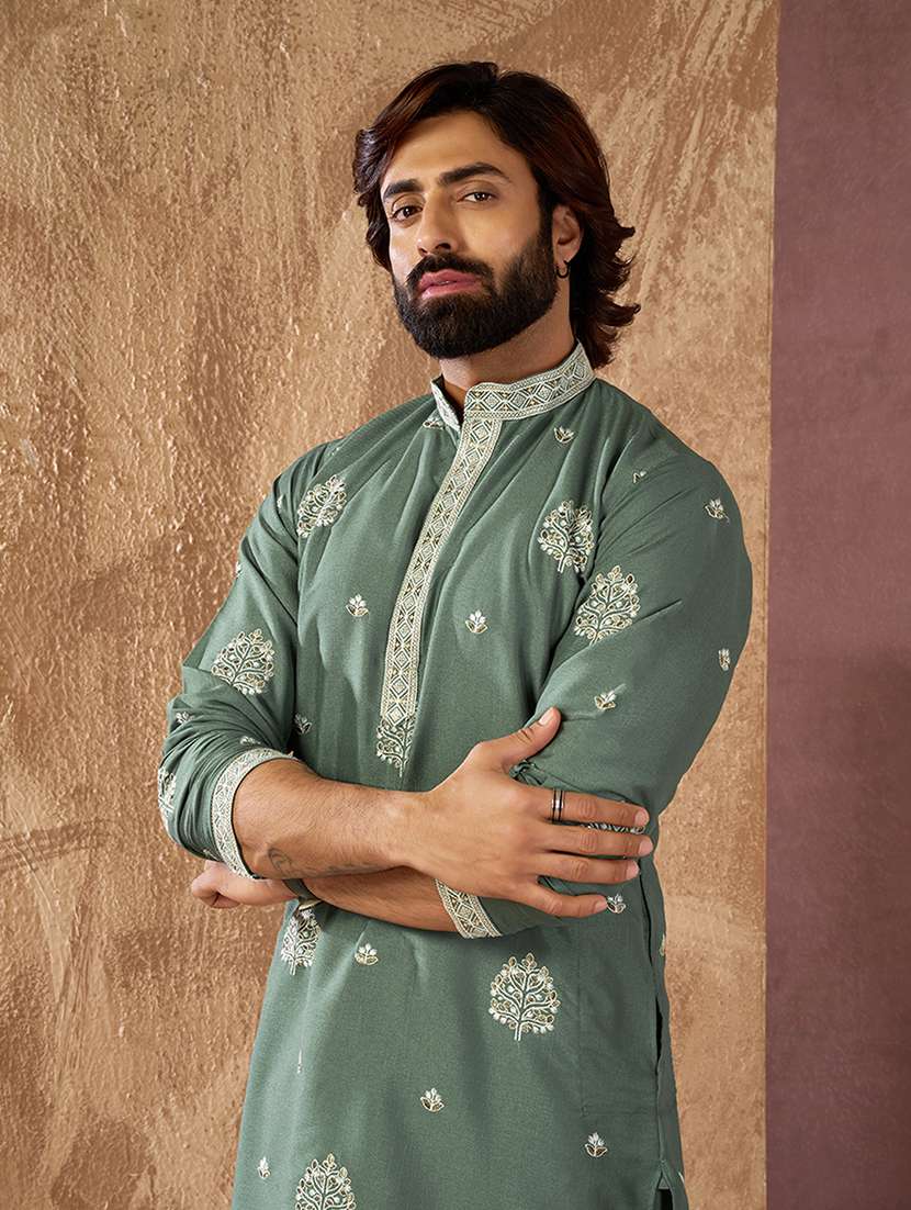 men solid with work mandarin neck kurta pyjama set - 22594487 -  Standard Image - 1