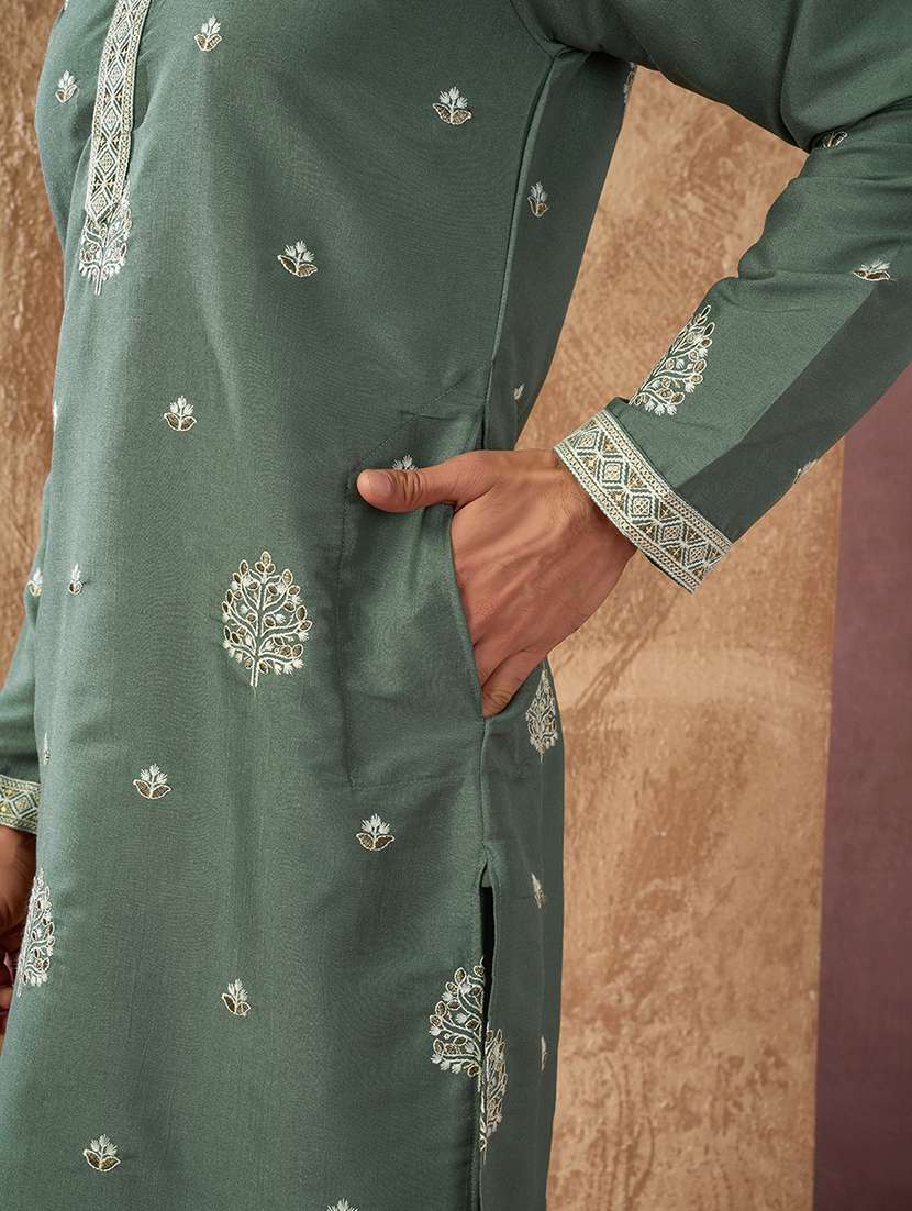 men solid with work mandarin neck kurta pyjama set - 22594487 -  Standard Image - 4