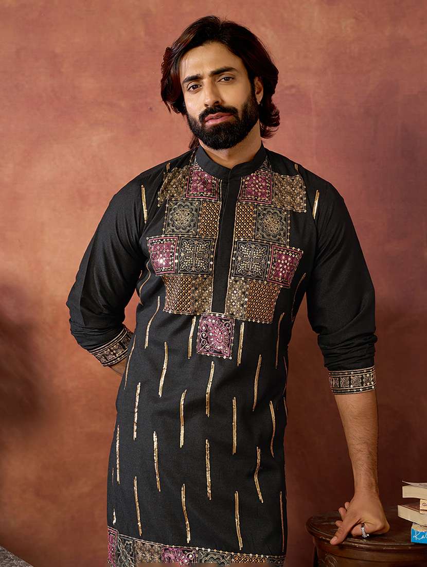 men solid with work mandarin neck kurta pyjama set - 22594488 -  Standard Image - 1