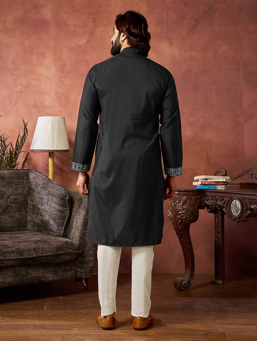 men solid with work mandarin neck kurta pyjama set - 22594488 -  Standard Image - 4