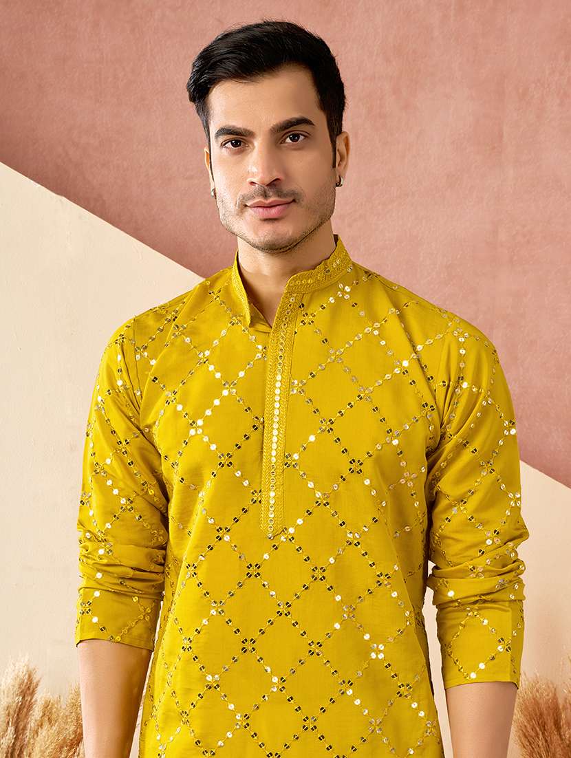 men solid with work mandarin neck kurta pyjama set - 22594489 -  Standard Image - 1