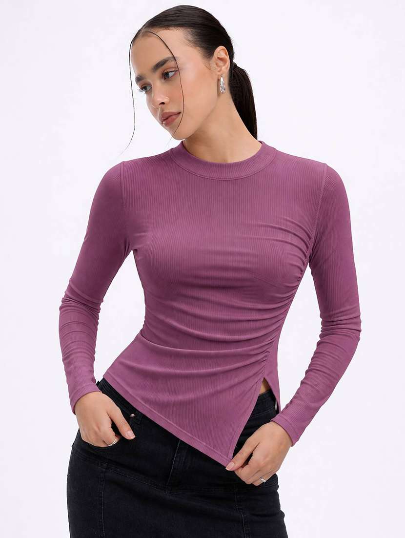 women solid long sleeves asymmetric top - 22594567 -  Standard Image - 1