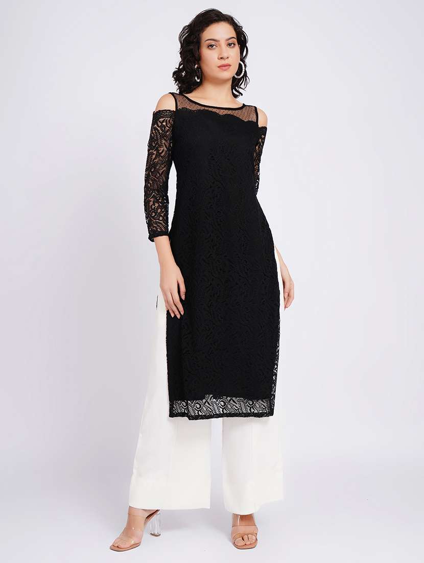 women self design cold shoulder straight kurta - 22594614 -  Standard Image - 1