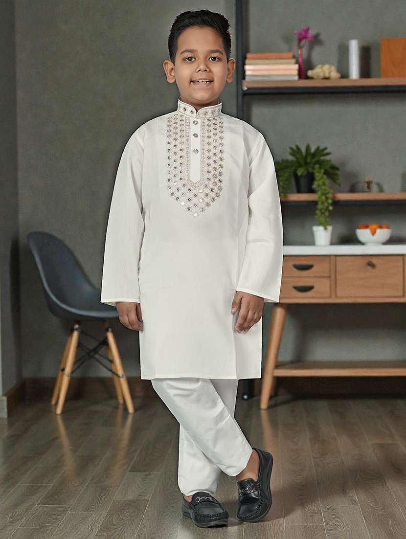 Boys Solid With Work Mandarin Neck Kurta Set - 22594998 -  Standard Image - 1