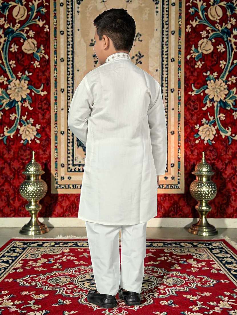 Boys Solid With Work Mandarin Neck Kurta Set - 22594998 -  Standard Image - 4