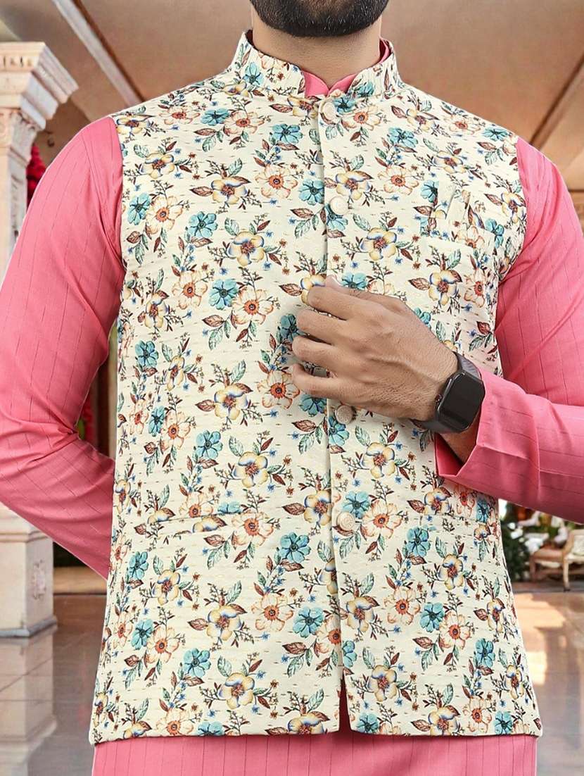 Men Printed Mandarin Neck Kurta Pyjama Set With Jacket - 22595004 -  Standard Image - 1