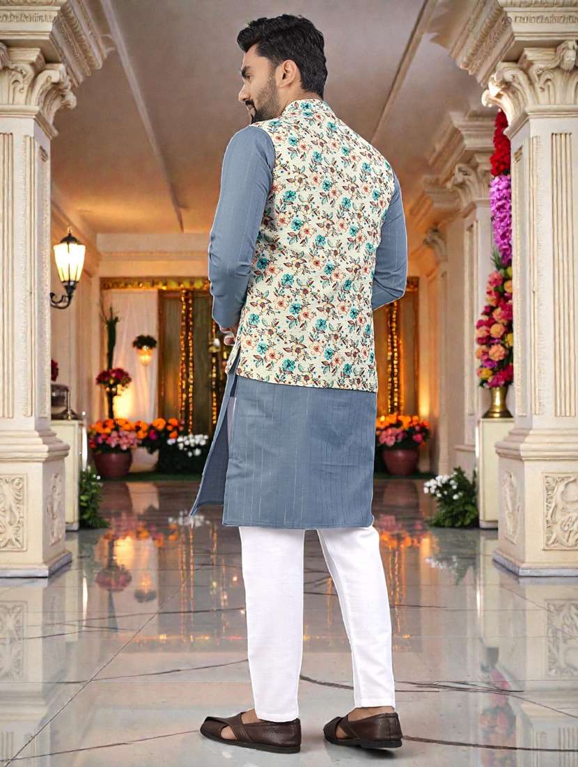 Men Printed Mandarin Neck Kurta Pyjama Set With Jacket - 22595007 -  Standard Image - 4