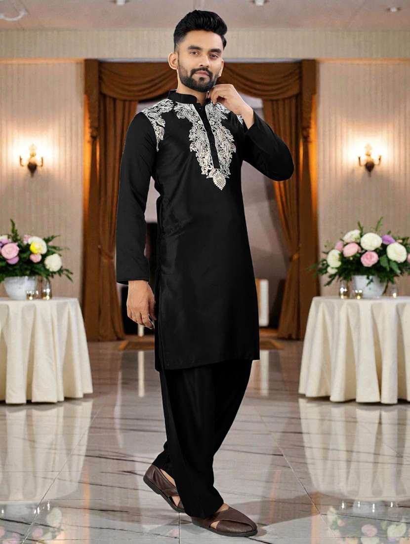 men embroidered long sleeves kurta salwar set - 22595047 -  Standard Image - 4